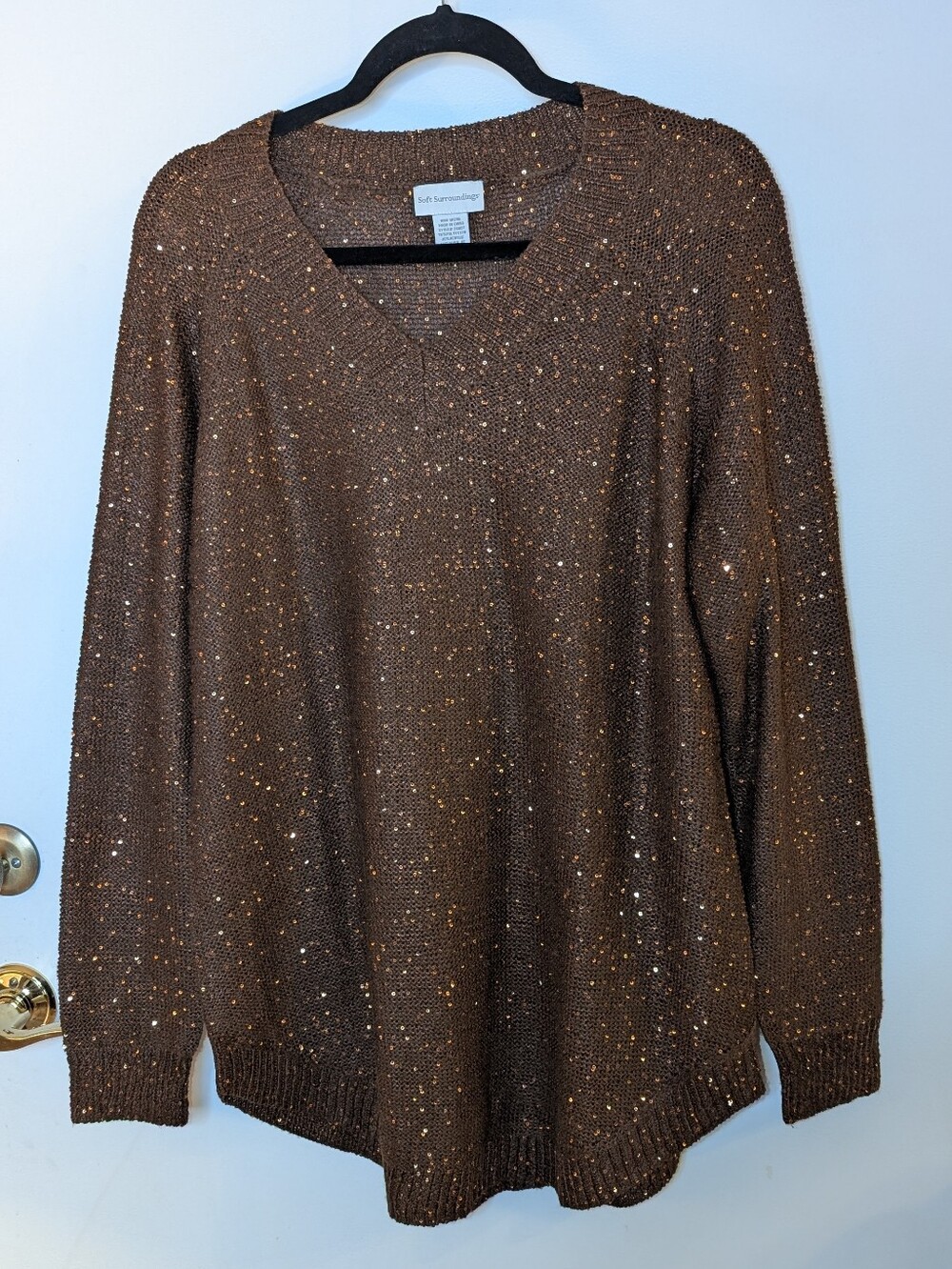 Soft Surroundings Chocolate Brown V‑Neck Sweater with Metallic Speckle Size XL